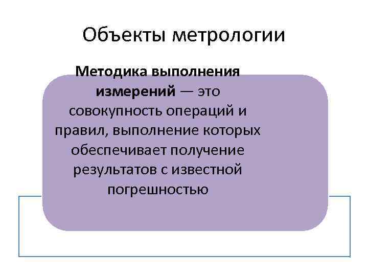 Объекты метрологии Методика выполнения измерений — это совокупность операций и правил, выполнение которых обеспечивает