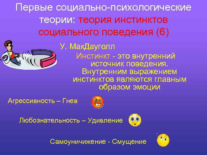 Первые социально-психологические теории: теория инстинктов социального поведения (6) У. Мак. Дауголл Инстинкт - это