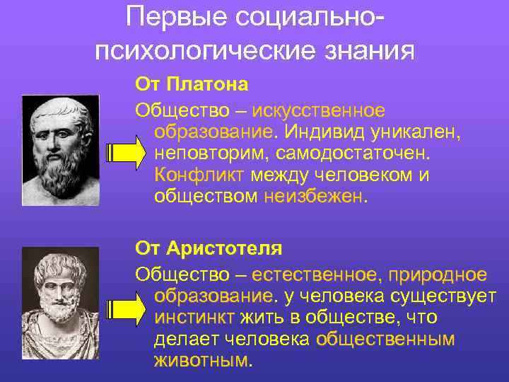 Первые социальнопсихологические знания От Платона Общество – искусственное образование. Индивид уникален, образование неповторим, самодостаточен.