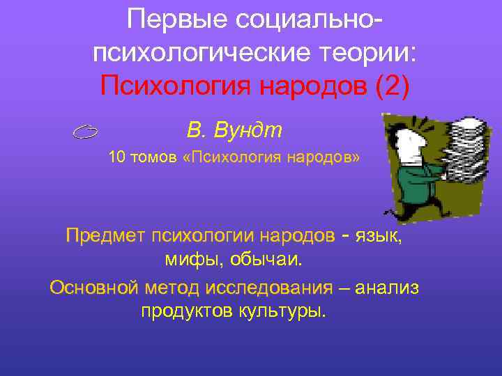 Первые социальнопсихологические теории: Психология народов (2) В. Вундт 10 томов «Психология народов» Предмет психологии