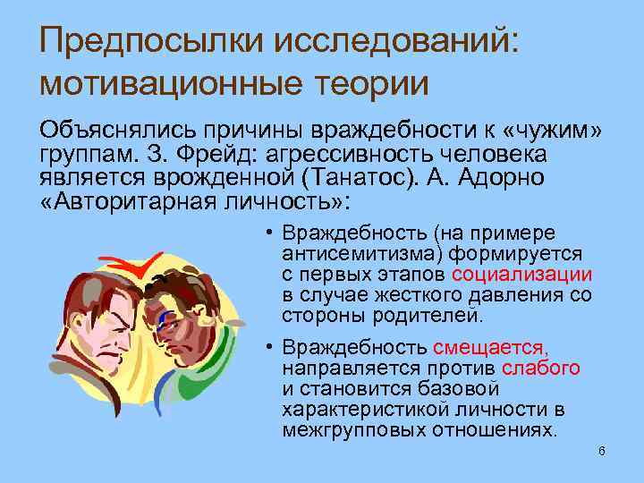 Предпосылки исследований: мотивационные теории Объяснялись причины враждебности к «чужим» группам. З. Фрейд: агрессивность человека