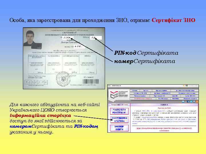 Особа, яка зареєстрована для проходження ЗНО, отримає Сертифікат ЗНО PIN-код Сертифіката номер Сертифіката Для