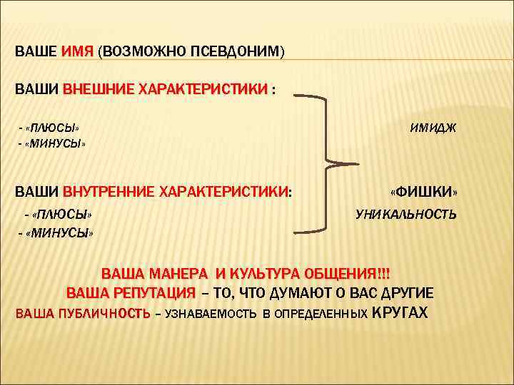 ВАШЕ ИМЯ (ВОЗМОЖНО ПСЕВДОНИМ) ВАШИ ВНЕШНИЕ ХАРАКТЕРИСТИКИ : - «ПЛЮСЫ» - «МИНУСЫ» ВАШИ ВНУТРЕННИЕ