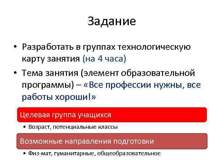Задание • Разработать в группах технологическую карту занятия (на 4 часа) • Тема занятия