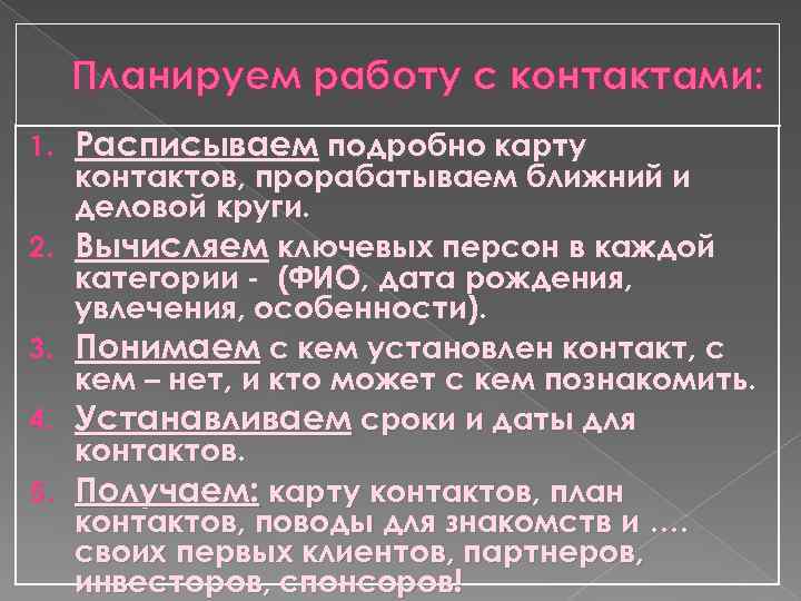 Планируем работу с контактами: 1. 2. 3. 4. 5. Расписываем подробно карту контактов, прорабатываем