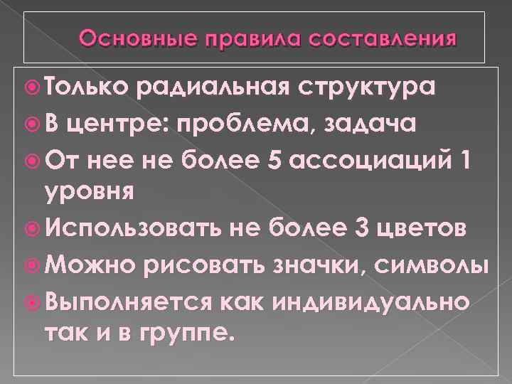 Основные правила составления Только радиальная структура В центре: проблема, задача От нее не более