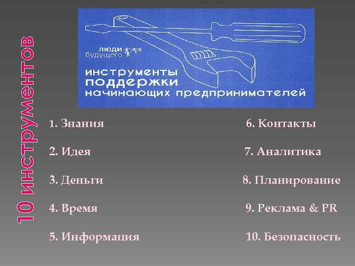 10 инструментов 1. Знания 6. Контакты 2. Идея 7. Аналитика 3. Деньги 8. Планирование