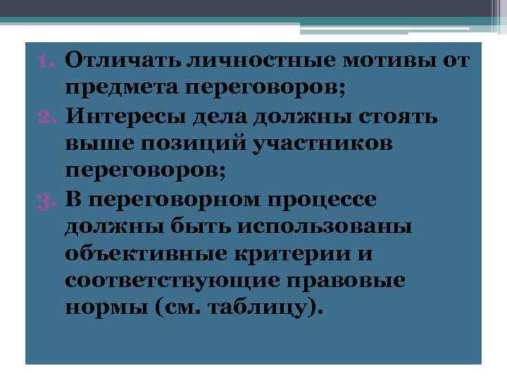 1. Отличать личностные мотивы от предмета переговоров; 2. Интересы дела должны стоять выше позиций