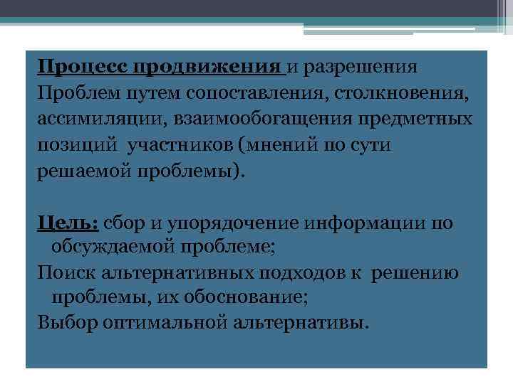 Процесс продвижения и разрешения Проблем путем сопоставления, столкновения, ассимиляции, взаимообогащения предметных позиций участников (мнений