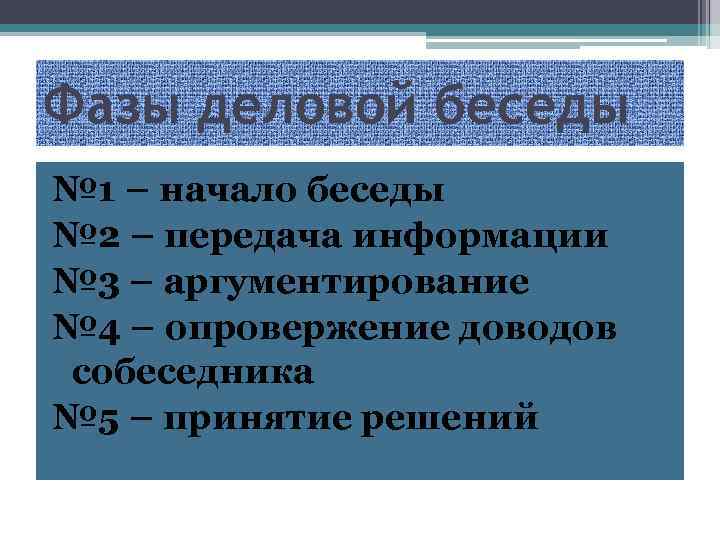 Фазы деловой беседы № 1 – начало беседы № 2 – передача информации №
