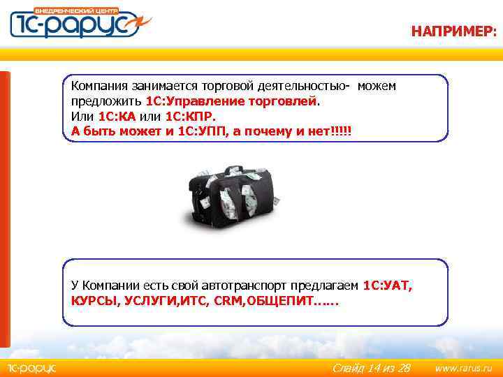 НАПРИМЕР: Компания занимается торговой деятельностью- можем предложить 1 С: Управление торговлей. Или 1 C: