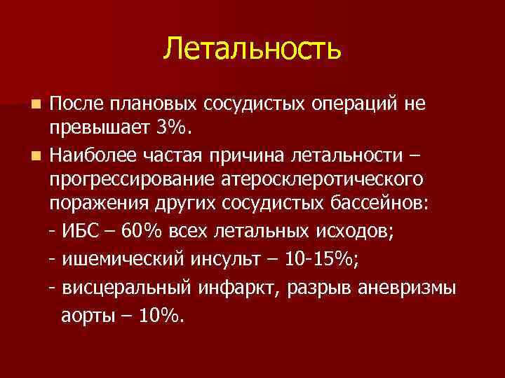 Летальность После плановых сосудистых операций не превышает 3%. n Наиболее частая причина летальности –