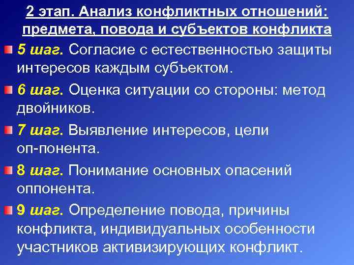 2 этап. Анализ конфликтных отношений: предмета, повода и субъектов конфликта 5 шаг. Согласие с