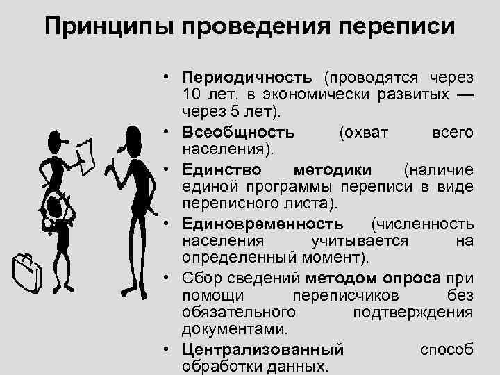 Принципы проведения переписи • Периодичность (проводятся через 10 лет, в экономически развитых — через