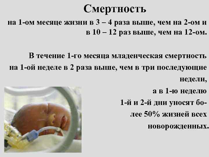 Смертность на 1 -ом месяце жизни в 3 – 4 раза выше, чем на