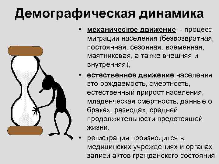 Демографическая динамика • механическое движение - процесс миграции населения (безвозвратная, постоянная, сезонная, временная, маятниковая,