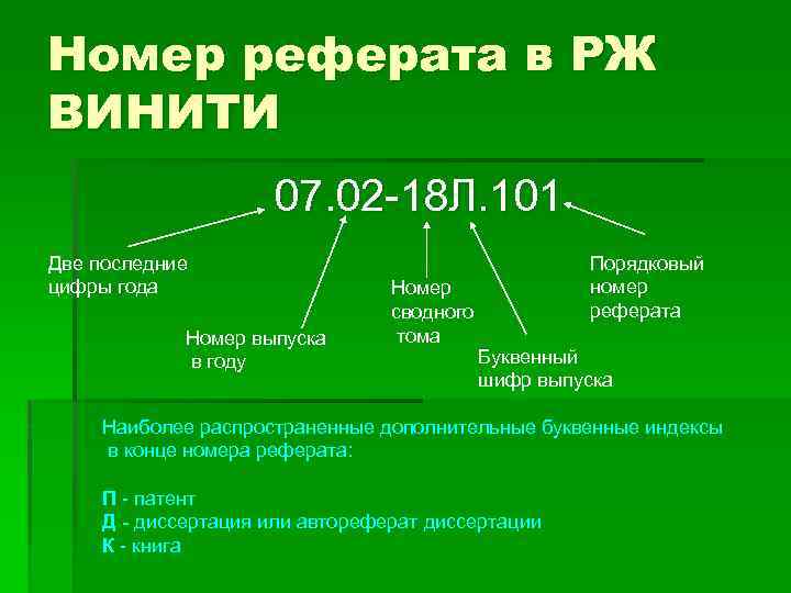 Номер реферата в РЖ ВИНИТИ 07. 02 -18 Л. 101 Две последние цифры года