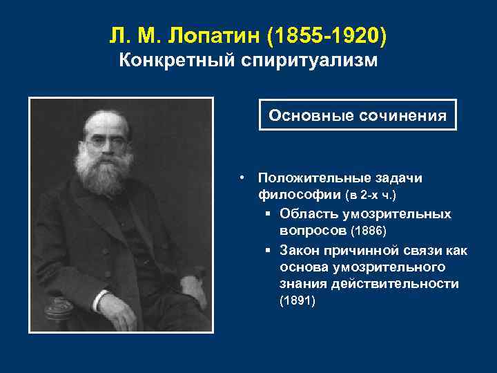 Л. М. Лопатин (1855 -1920) Конкретный спиритуализм Основные сочинения • Положительные задачи философии (в
