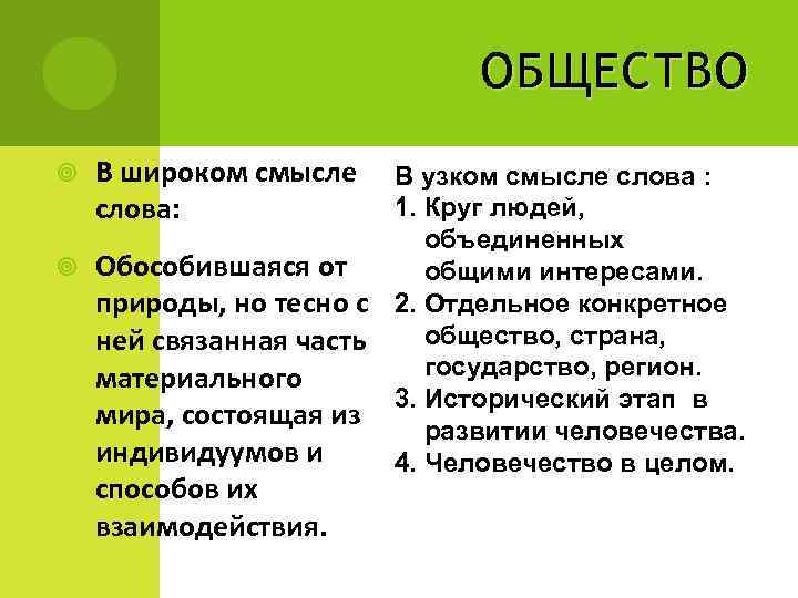 ОБЩЕСТВО В широком смысле слова: В узком смысле слова : 1. Круг людей, объединенных