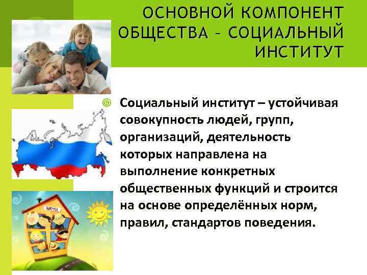 ОСНОВНОЙ КОМПОНЕНТ ОБЩЕСТВА – СОЦИАЛЬНЫЙ ИНСТИТУТ Социальный институт – устойчивая совокупность людей, групп, организаций,