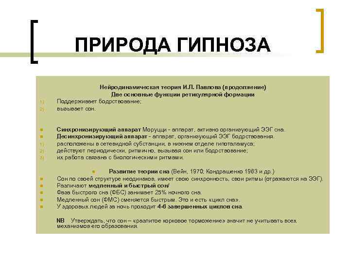 ПРИРОДА ГИПНОЗА 1) 2) n n 1) 2) 3) n n n Нейродинамическая теория