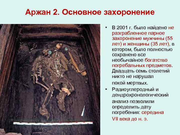 Аржан 2. Основное захоронение • В 2001 г. было найдено не разграбленное парное захоронение