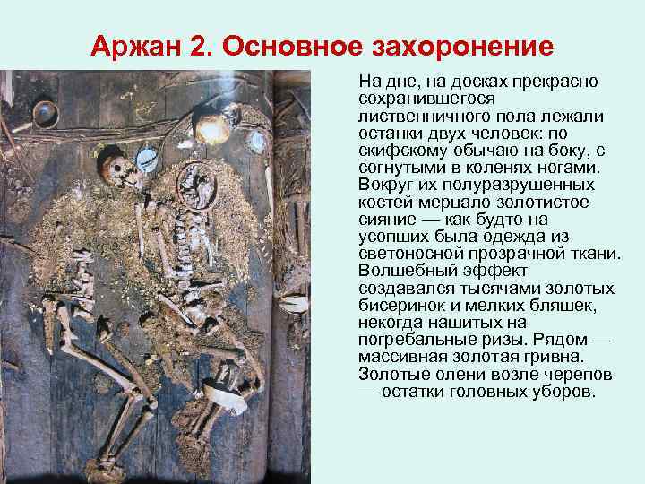 Аржан 2. Основное захоронение На дне, на досках прекрасно сохранившегося лиственничного пола лежали останки