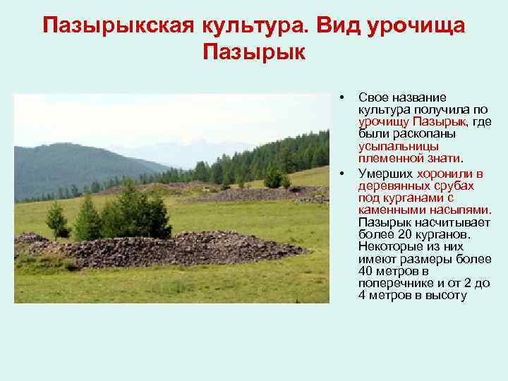 Пазырыкская культура. Вид урочища Пазырык • • Свое название культура получила по урочищу Пазырык,