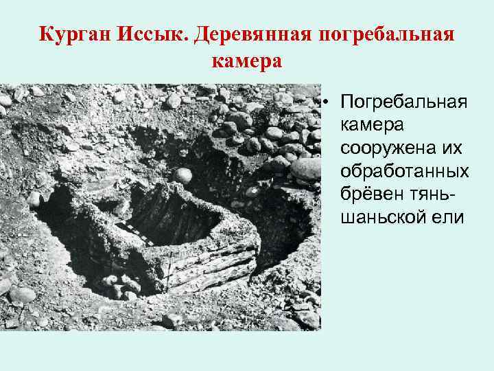 Курган Иссык. Деревянная погребальная камера • Погребальная камера сооружена их обработанных брёвен тяньшаньской ели
