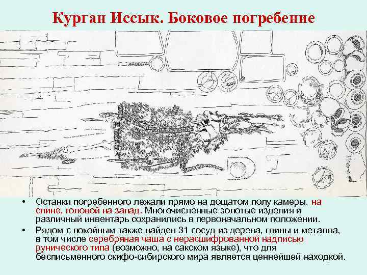 Курган Иссык. Боковое погребение • • Останки погребенного лежали прямо на дощатом полу камеры,