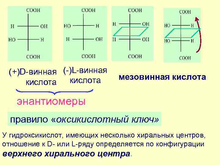 (+)D-винная (-)L-винная кислота мезовинная кислота энантиомеры правило «оксикислотный ключ» У гидроксикислот, имеющих несколько хиральных