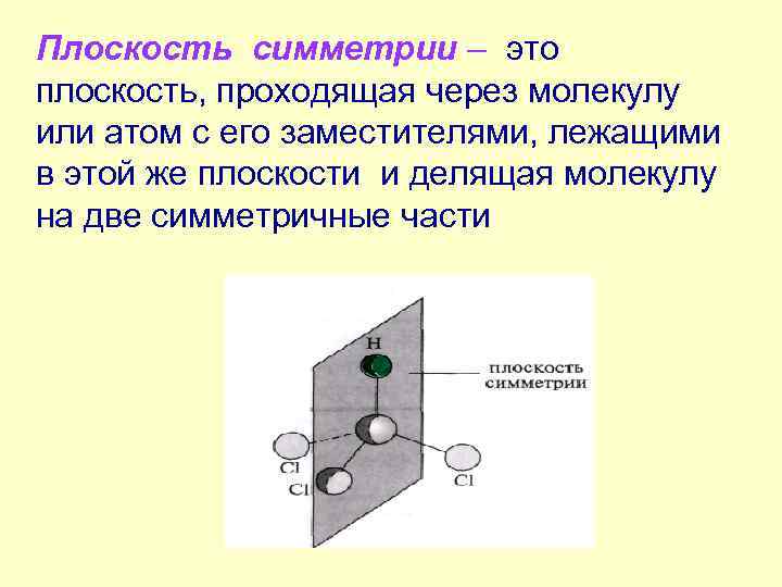 Плоскость симметрии – это плоскость, проходящая через молекулу или атом с его заместителями, лежащими