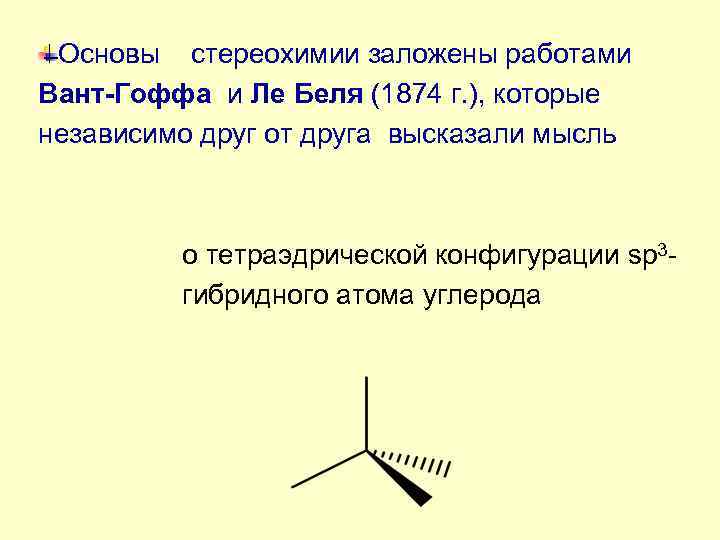 Основы стереохимии заложены работами Вант-Гоффа и Ле Беля (1874 г. ), которые независимо друг