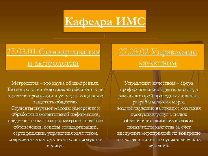 Кафедра ИМС 27. 03. 01 Стандартизация и метрология Метрология – это наука об измерениях.