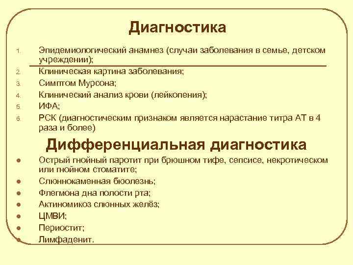 Диагностика 1. 2. 3. 4. 5. 6. Эпидемиологический анамнез (случаи заболевания в семье, детском