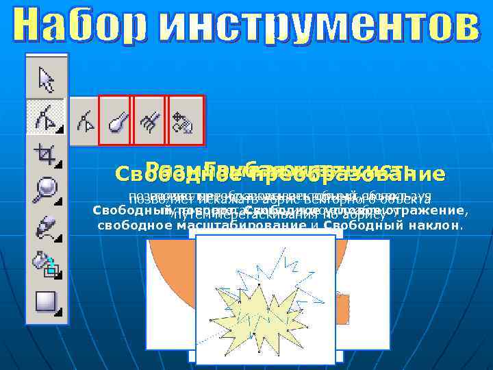 Размазывающая кисть Грубая кисть Свободное преобразование позволяет искажать векторный объект позволяет преобразовывать объект, используя