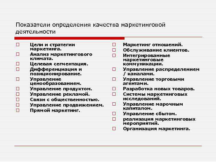 Показатели определения качества маркетинговой деятельности o o o o o Цели и стратегии маркетинга.