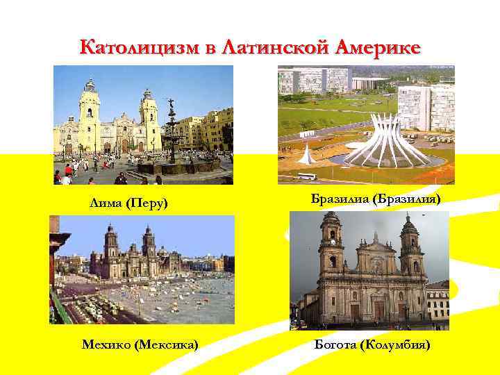 Католицизм в Латинской Америке Лима (Перу) Мехико (Мексика) Бразилиа (Бразилия) Богота (Колумбия) 