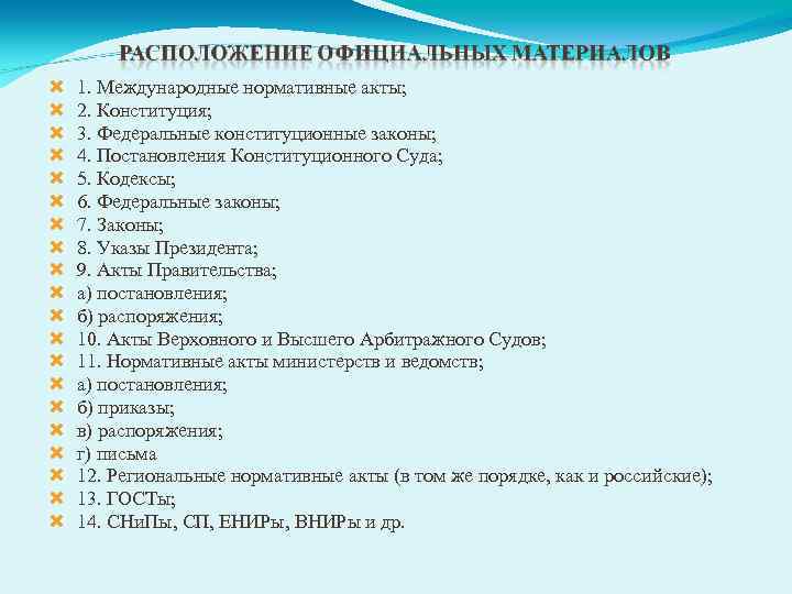  1. Международные нормативные акты; 2. Конституция; 3. Федеральные конституционные законы; 4. Постановления Конституционного