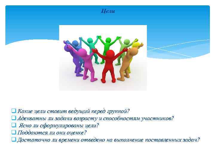 Цели q Какие цели ставит ведущий перед группой? q Адекватны ли задачи возрасту и