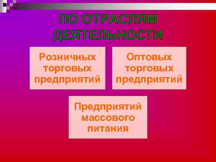 ПО ОТРАСЛЯМ ДЕЯТЕЛЬНОСТИ Розничных торговых предприятий Оптовых торговых предприятий Предприятий массового питания 