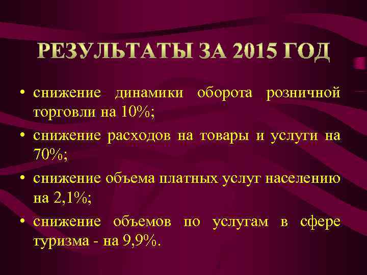  • снижение динамики оборота розничной торговли на 10%; • снижение расходов на товары