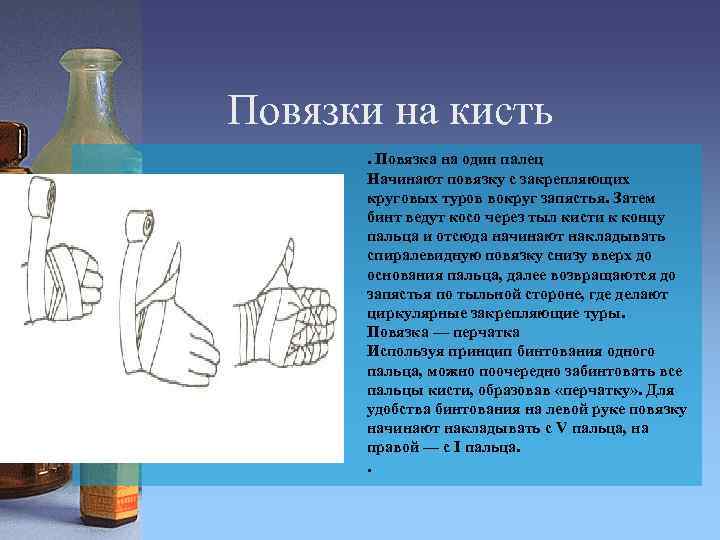 Повязки на кисть. Повязка на один палец Начинают повязку с закрепляющих круговых туров вокруг