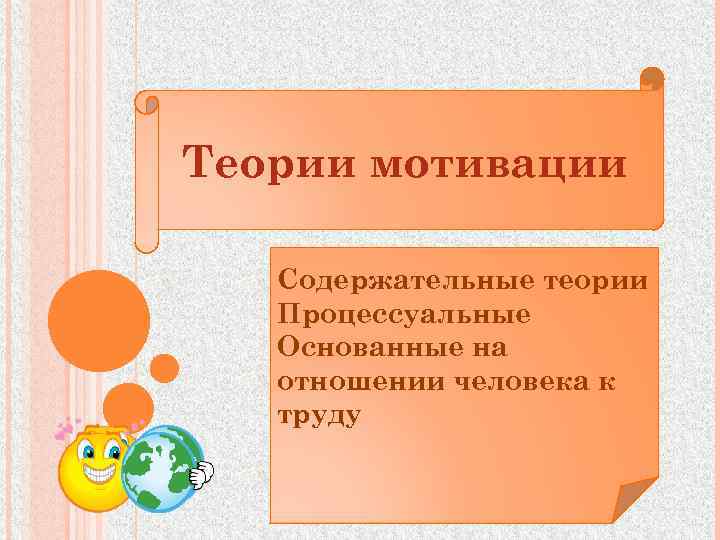 Теории мотивации Содержательные теории Процессуальные Основанные на отношении человека к труду 