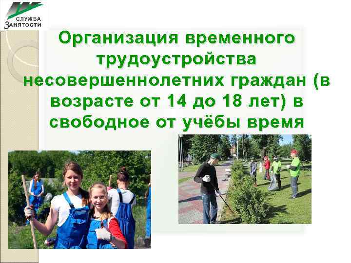 Организация временного трудоустройства несовершеннолетних граждан (в возрасте от 14 до 18 лет) в свободное