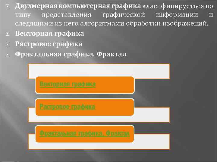  Двухмерная компьютерная графика класифицируеться по типу представления графической информации и следящими из него