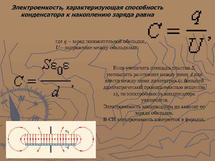 Электроемкость, характеризующая способность конденсатора к накоплению заряда равна где q – заряд положительной обкладки,