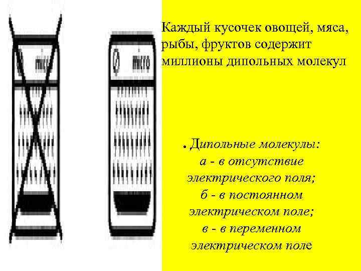 Каждый кусочек овощей, мяса, рыбы, фруктов содержит миллионы дипольных молекул . Дипольные молекулы: а