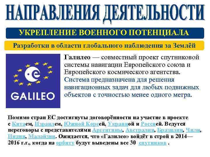 УКРЕПЛЕНИЕ ВОЕННОГО ПОТЕНЦИАЛА Разработки в области глобального наблюдения за Землёй Галилео — совместный проект