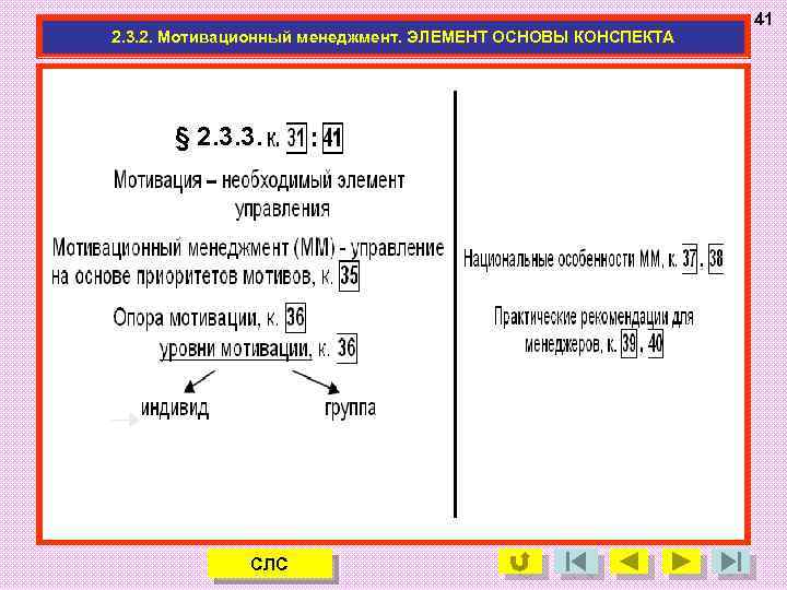 2. 3. 2. Мотивационный менеджмент. ЭЛЕМЕНТ ОСНОВЫ КОНСПЕКТА § 2. 3. 3. СЛС 41